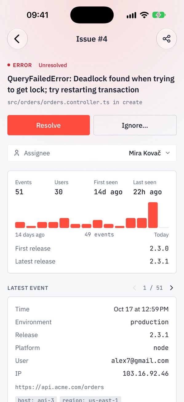 BugCatch mobile app issue detail with resolve and ignore buttons, assignee, and event chart.