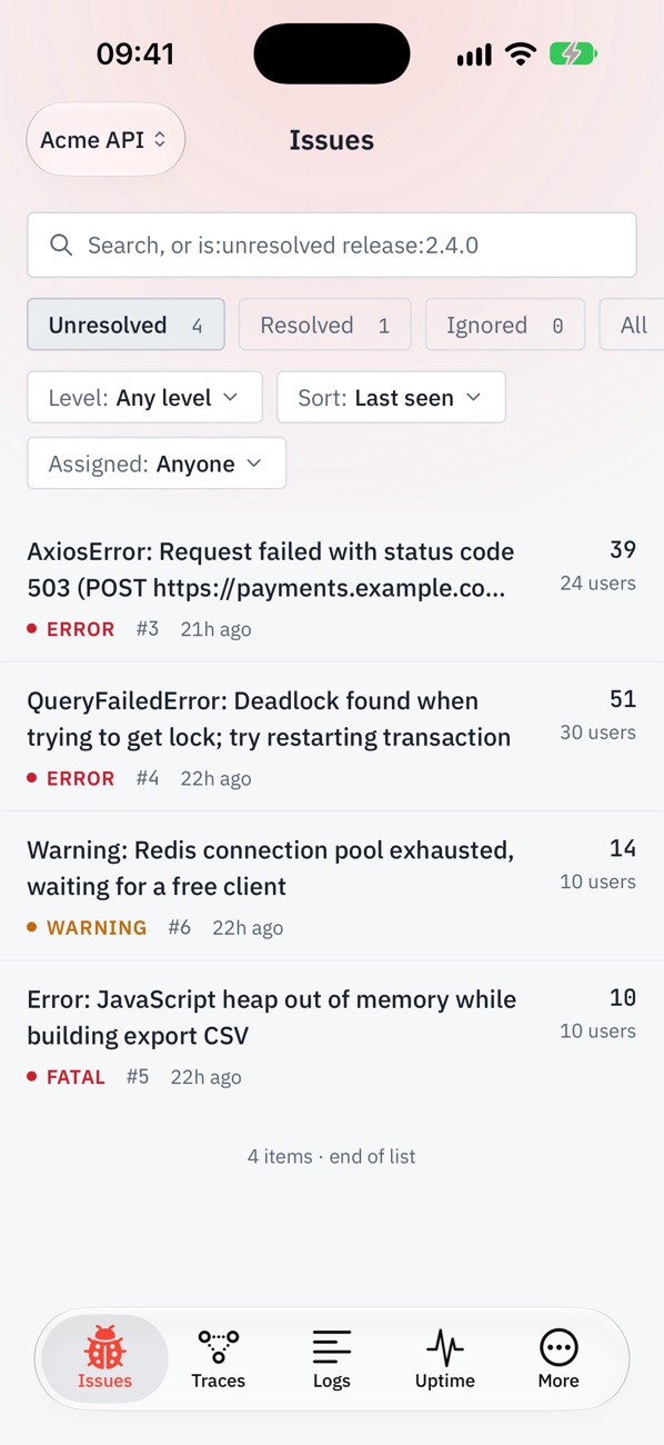BugCatch mobile app issues list with level, event counts, and affected users.