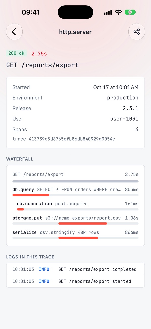BugCatch mobile app trace waterfall for a slow request, with its logs below.