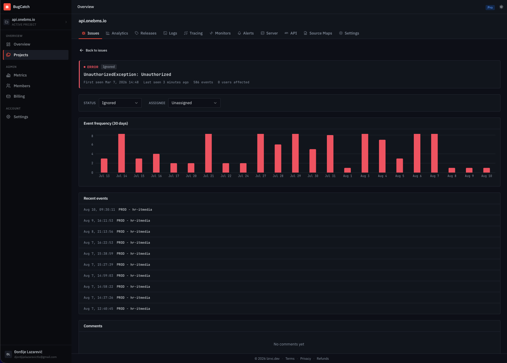 BugCatch issue detail view with the resolved stack trace, event histogram, and breadcrumb timeline.