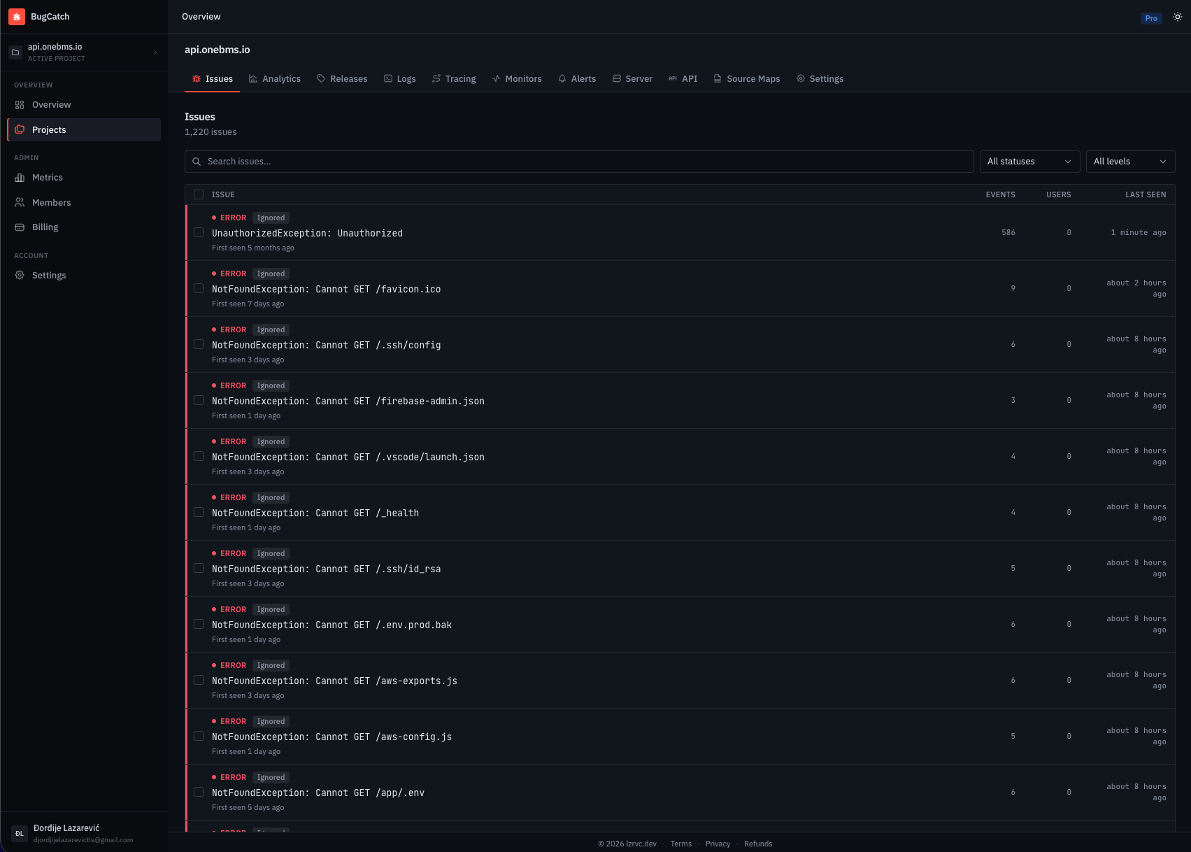 BugCatch issues list showing grouped errors and warnings with event counts, affected users, and last-seen times.