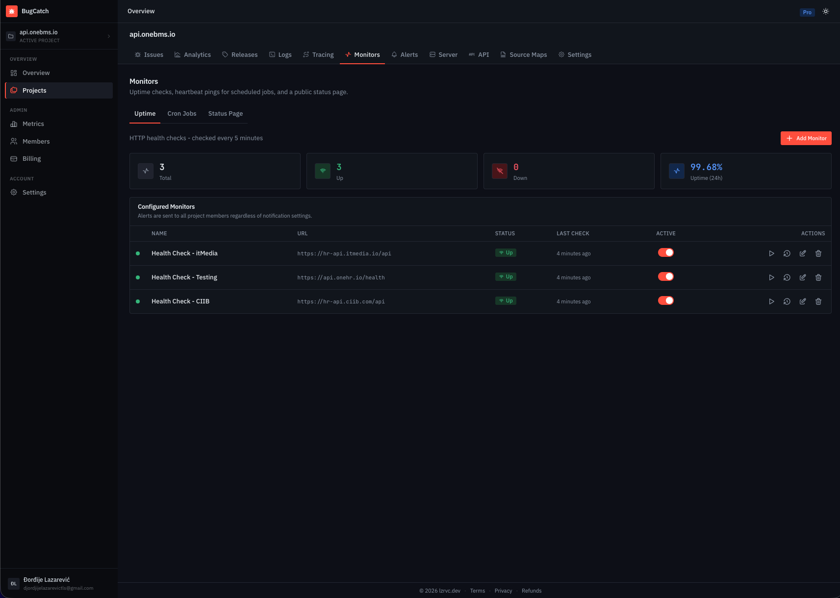 BugCatch uptime monitors listing check status and response-time history over the incident timeline.