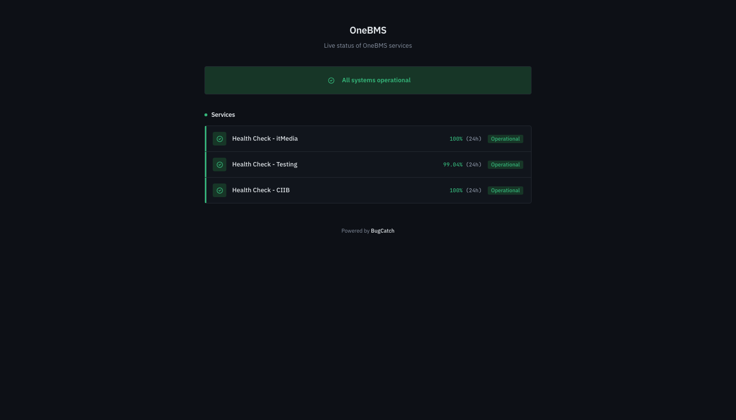BugCatch public status page showing all services operational with per-service 24-hour uptime.
